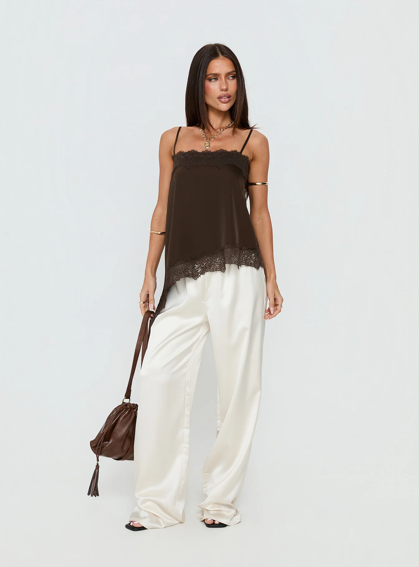 Daesa Longline Lace Top Brown