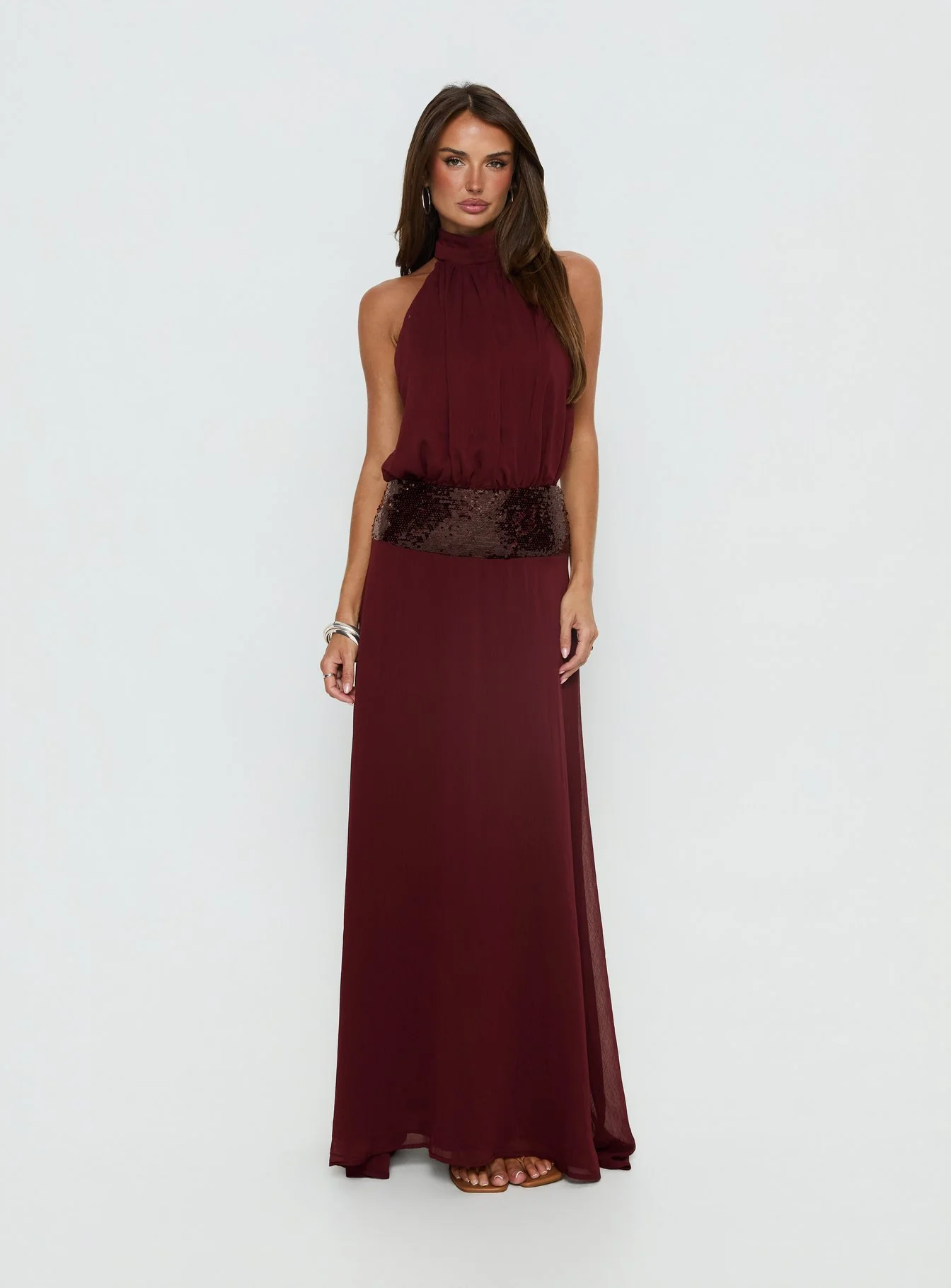 Darwinn Drop Waist Sequin Detail Maxi Dress Burgundy