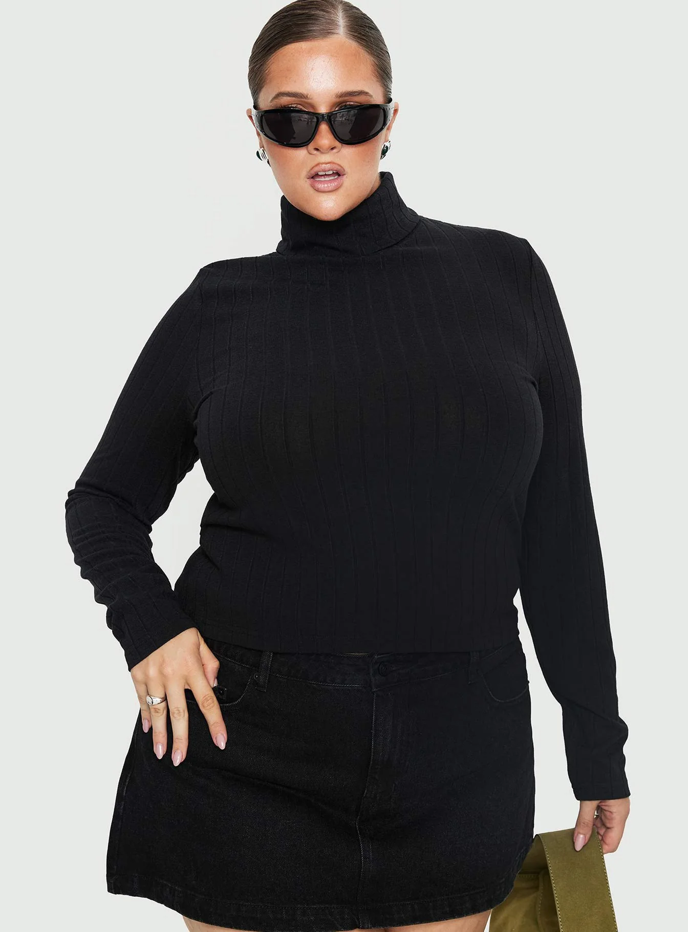 Enisa High Neck Long Sleeve Top Black Curve