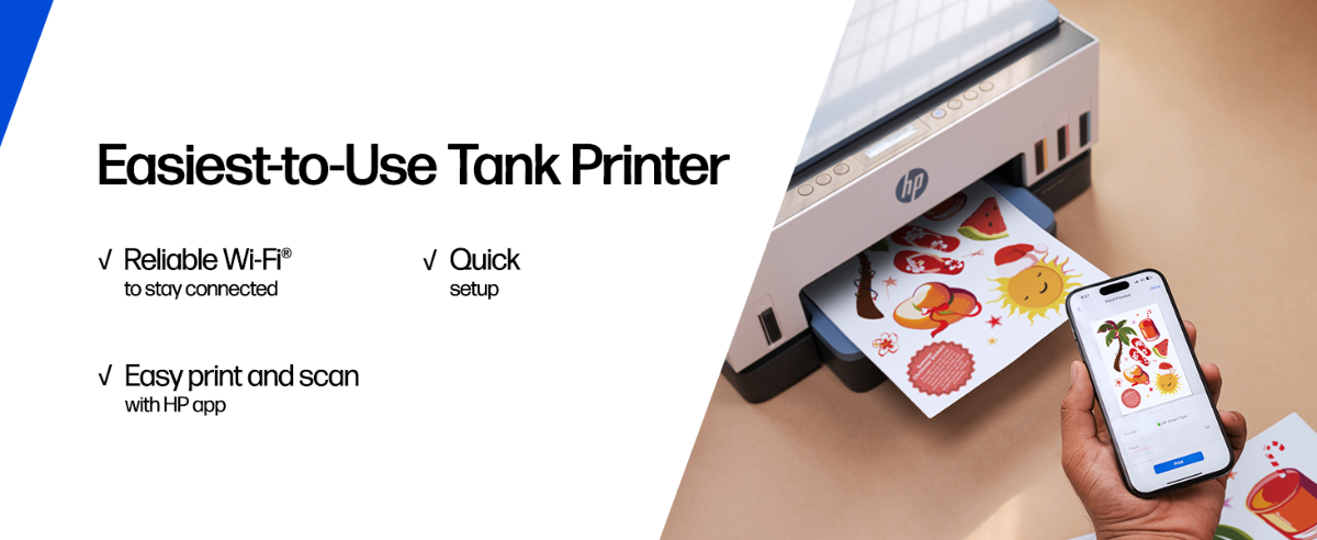 Easiest-to-Use Tank Printer—quick setup, reliable Wi-Fi connection, easy print and scan with HP app.