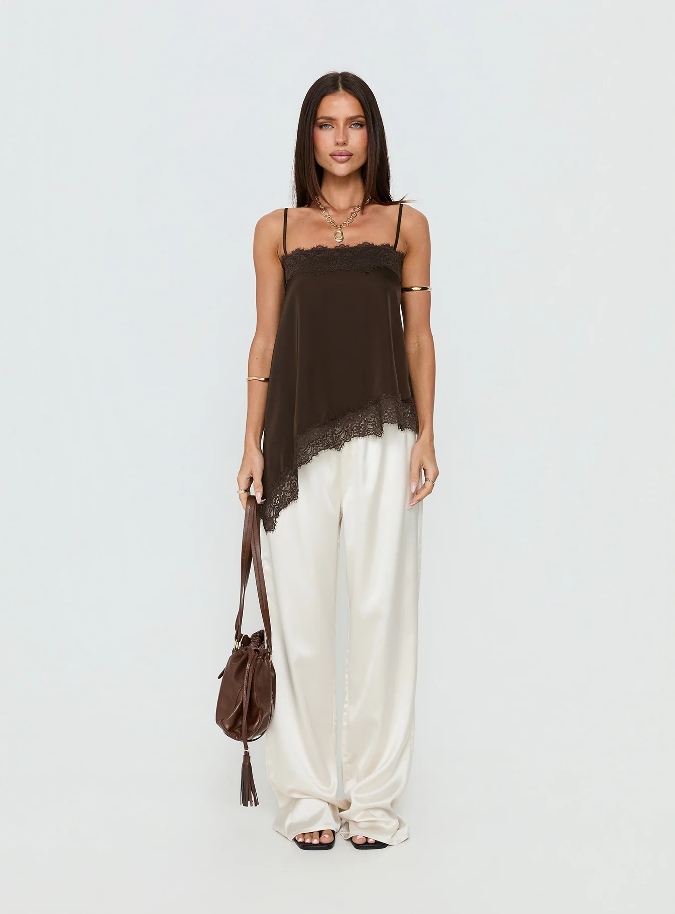Daesa Longline Lace Top Brown