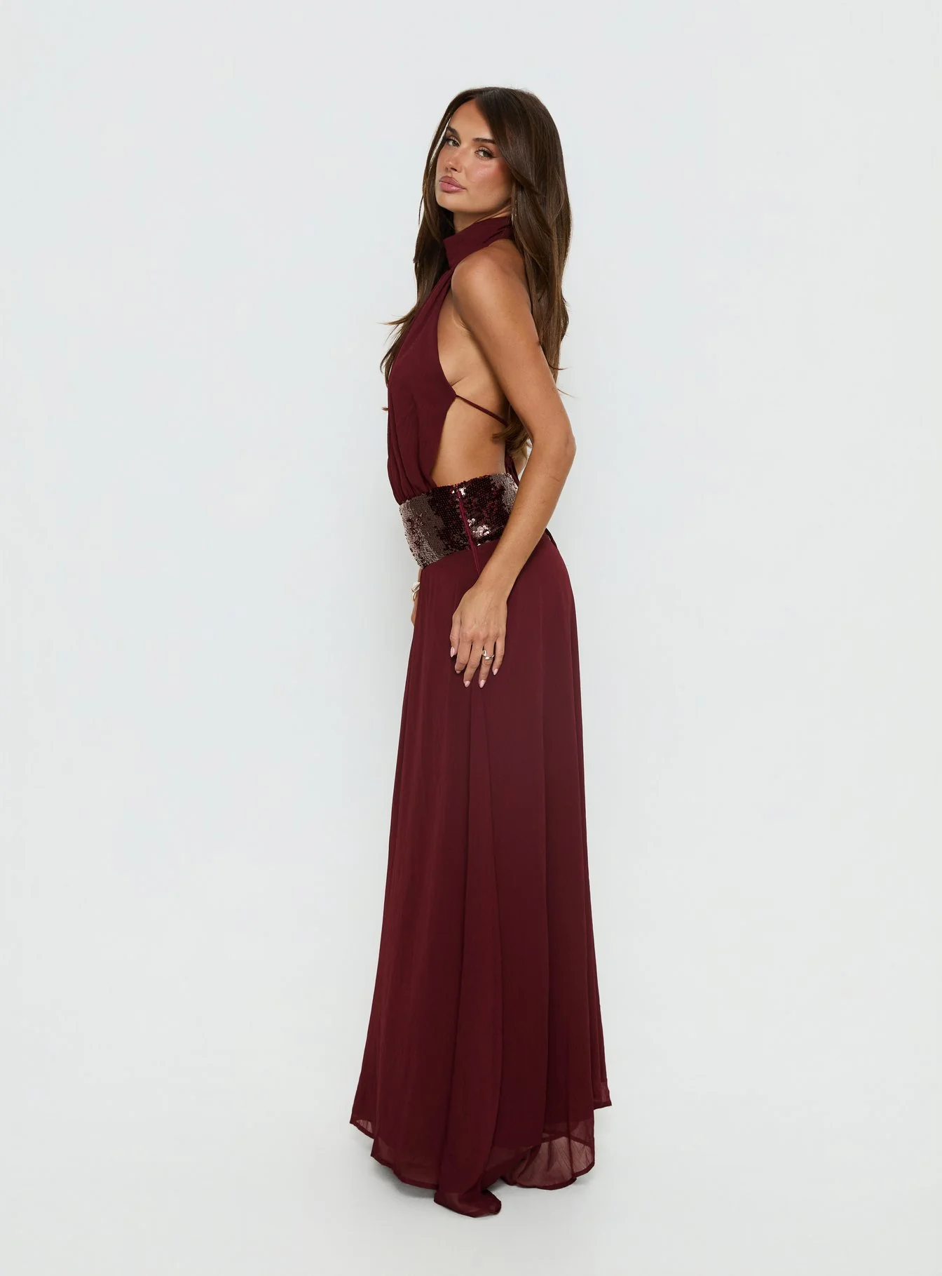 Darwinn Drop Waist Sequin Detail Maxi Dress Burgundy