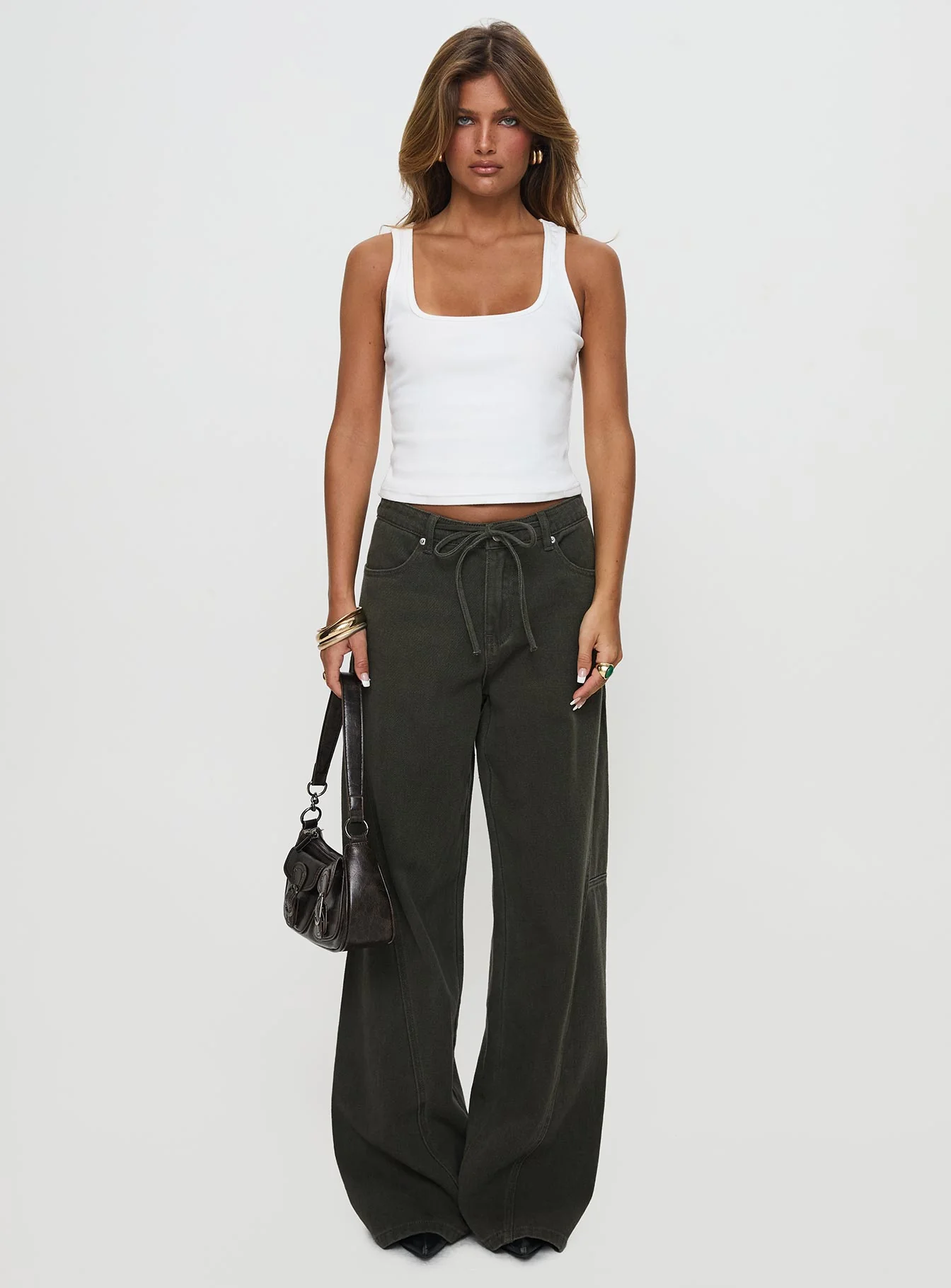 Bruiser Tie Waist Mid Rise Wide Leg Jeans Green Petite