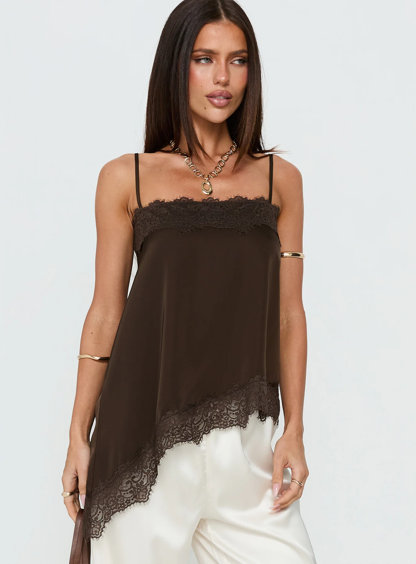 Daesa Longline Lace Top Brown