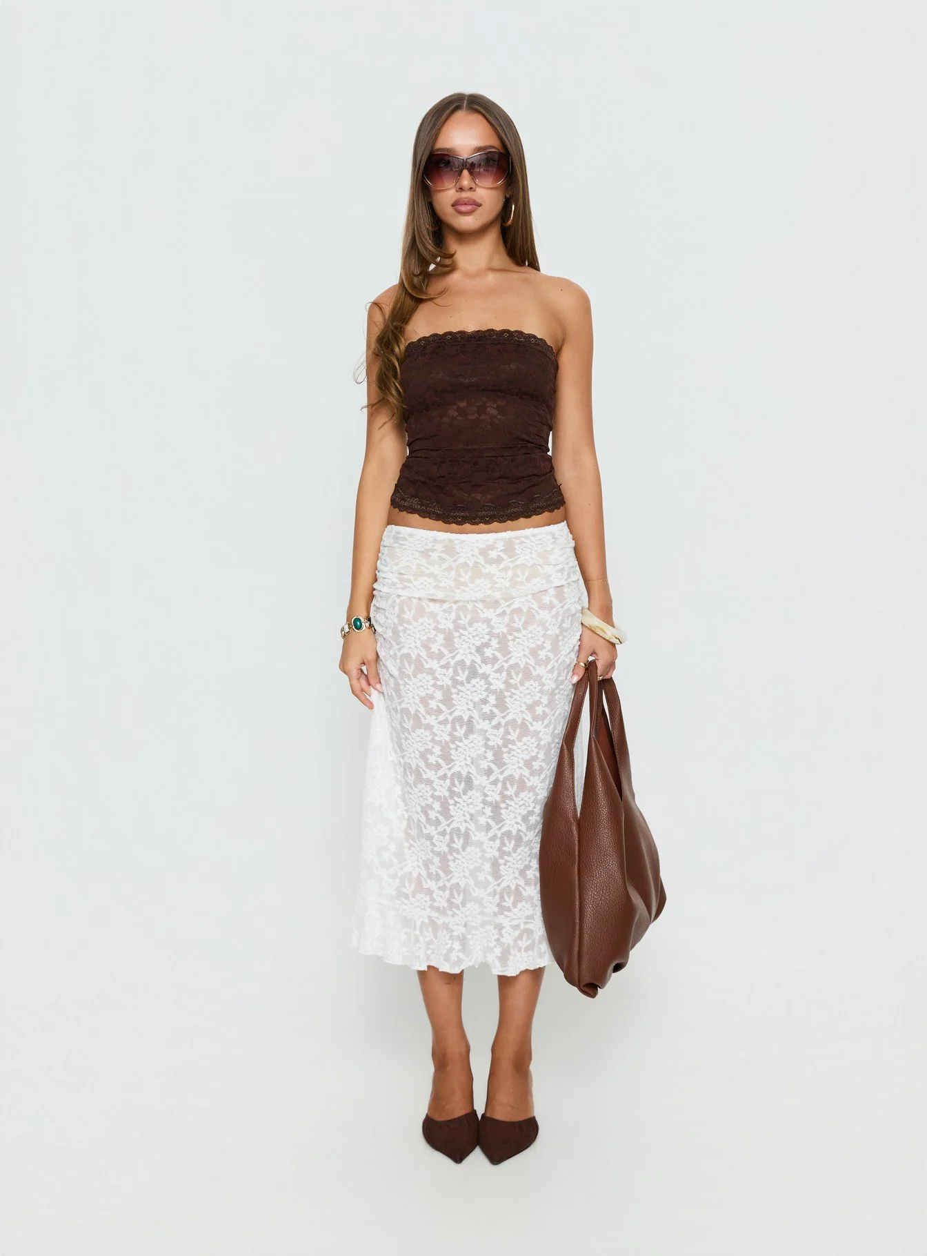 Toscani Lace Frill Midi Skirt White