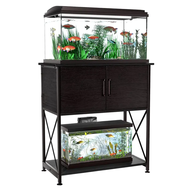 Stojak pod akwarium Herture do akwariów 75-110 litrów, 2 poziomy, stal i MDF, wykończenie czarne, 78,5 cm x 42,5 cm x 81,5 cm, udźwig 150 kg