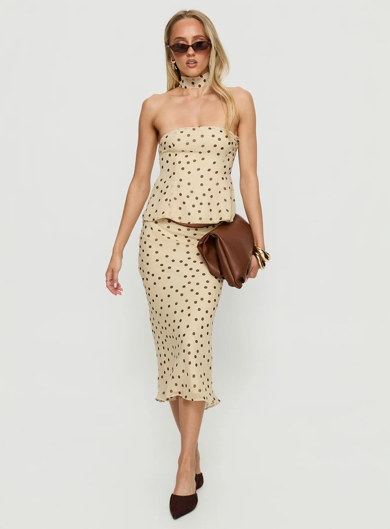 Sydni scarf detail strapless top Yellow / Chocolate Polka Dot