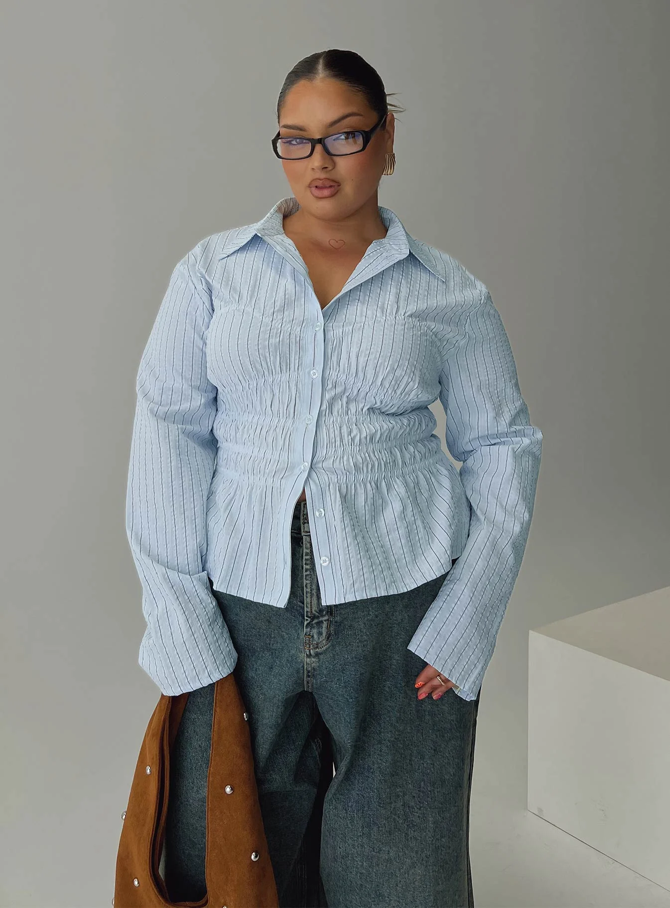 Liesel Shirred Long Sleeve Top Stripe Curve