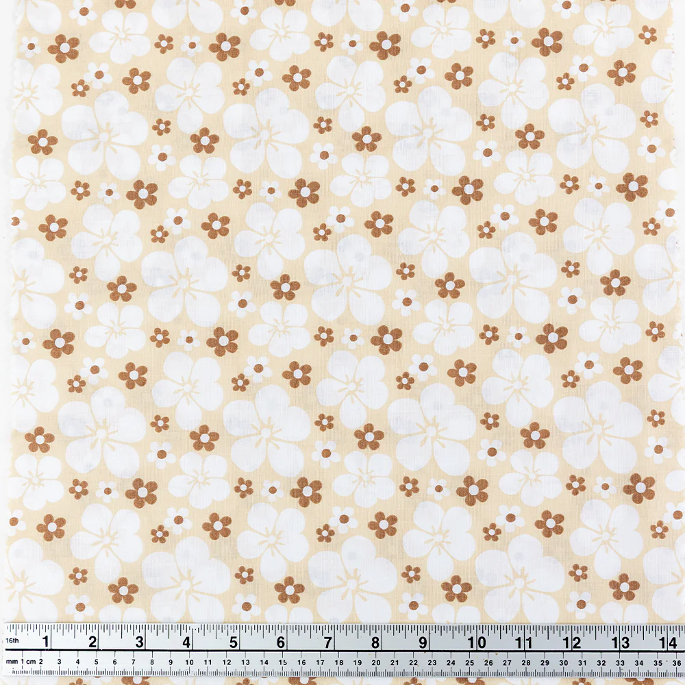 Print Craft & Quilting Fabric, White On Cream Large Floral- Width 110cm