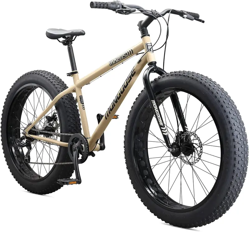 Rower górski Mongoose Malus Unisex Fat Tire – koła 26 cali, opony z bieżnikiem 4 cale, napęd Shimano 7-biegowy, hamulce tarczowe