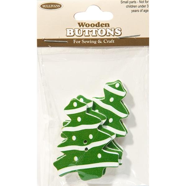 Wooden Buttons, Christmas Tree- 4pk