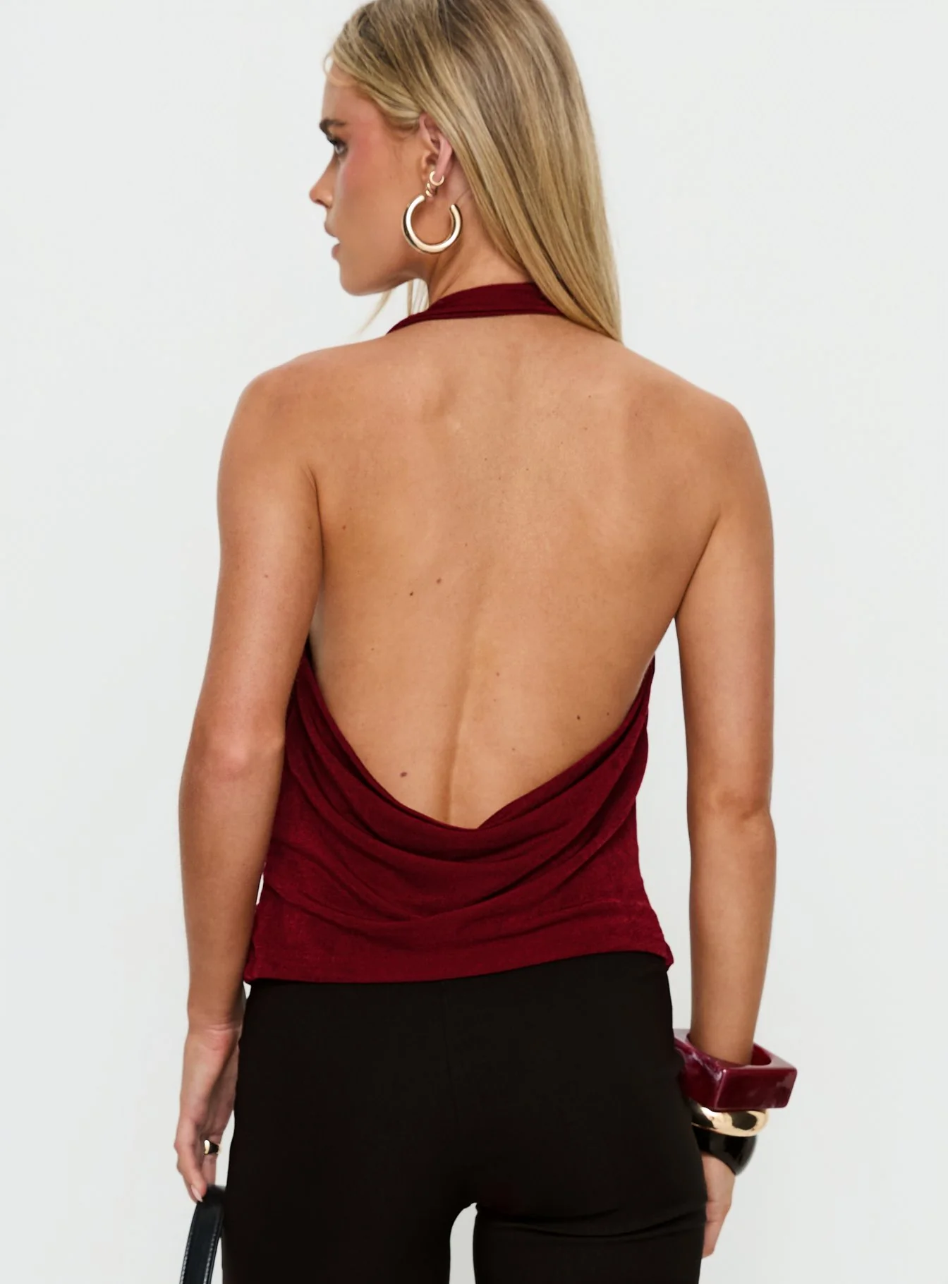Marvelle Plunge Neck Hardware Detail Top Burgundy