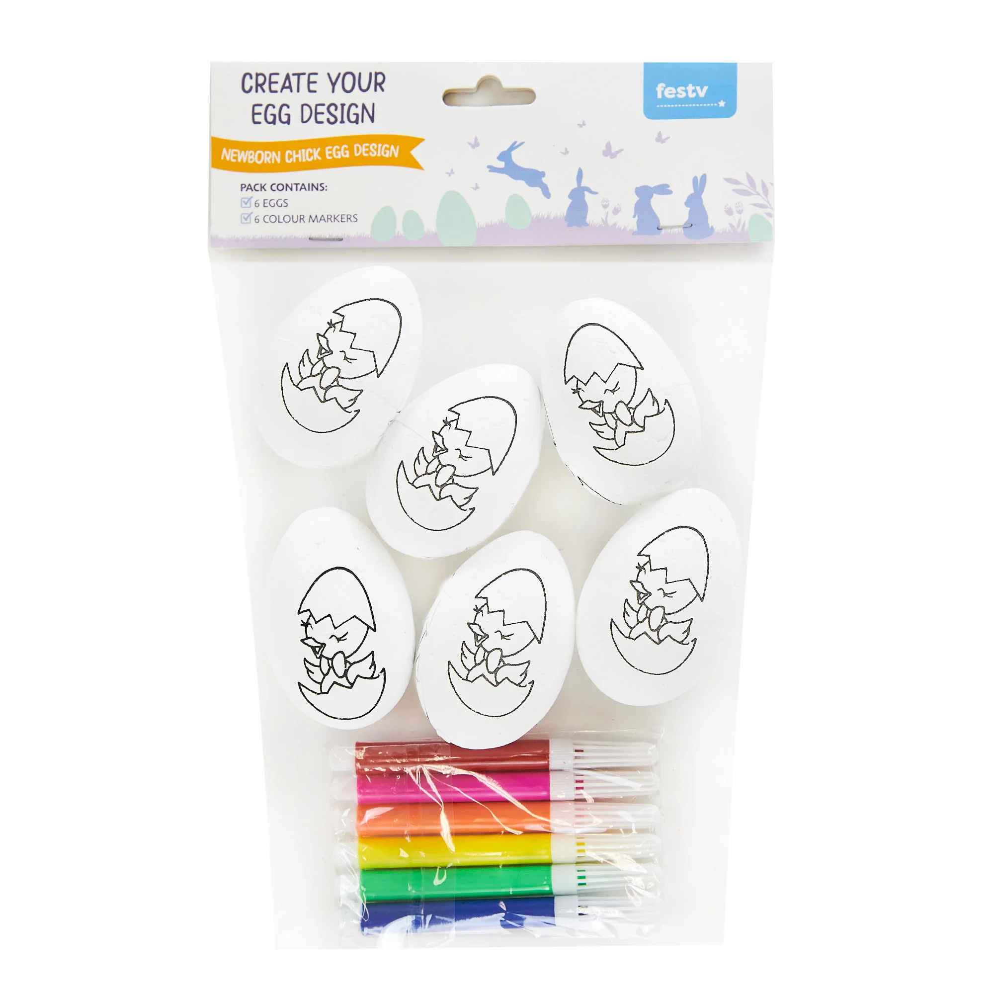 Easter Newborn Chick Egg Design 6 Pack with 6 Markers