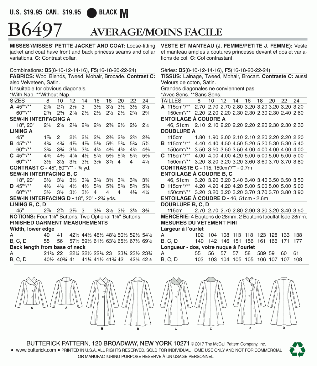 Butterick Pattern B6497 Misses'/Misses' Petite Jacket and Coats with Asymmetrical Front and Collar Variations