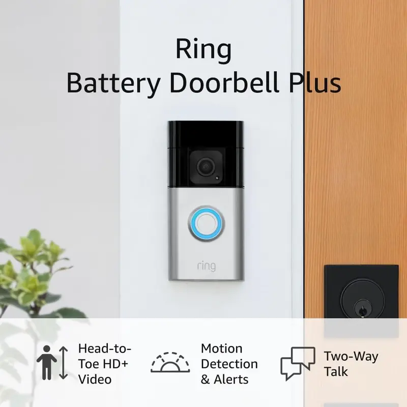 Dzwonek do drzwi Ring Battery Doorbell Plus z wideodomofonem – 1536p HD+ z kolorową wizją nocną, dwukierunkowym dźwiękiem i integracją z Alexą