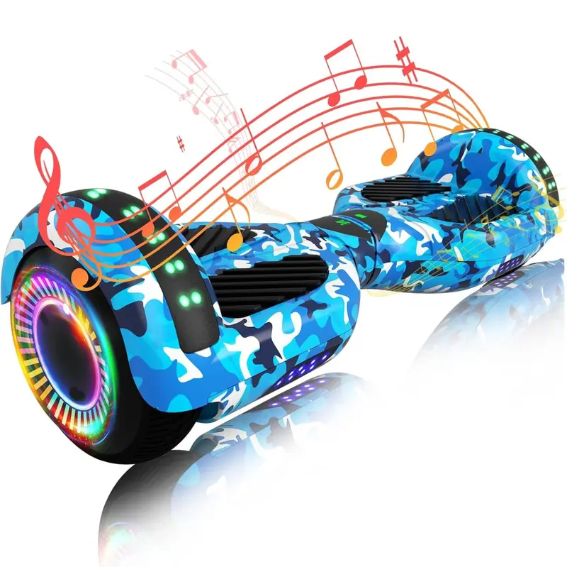 Inteligentny hoverboard z dwoma silnikami o mocy 250 W, sterowaniem za pomocą aplikacji Bluetooth i oświetleniem LED RGB.