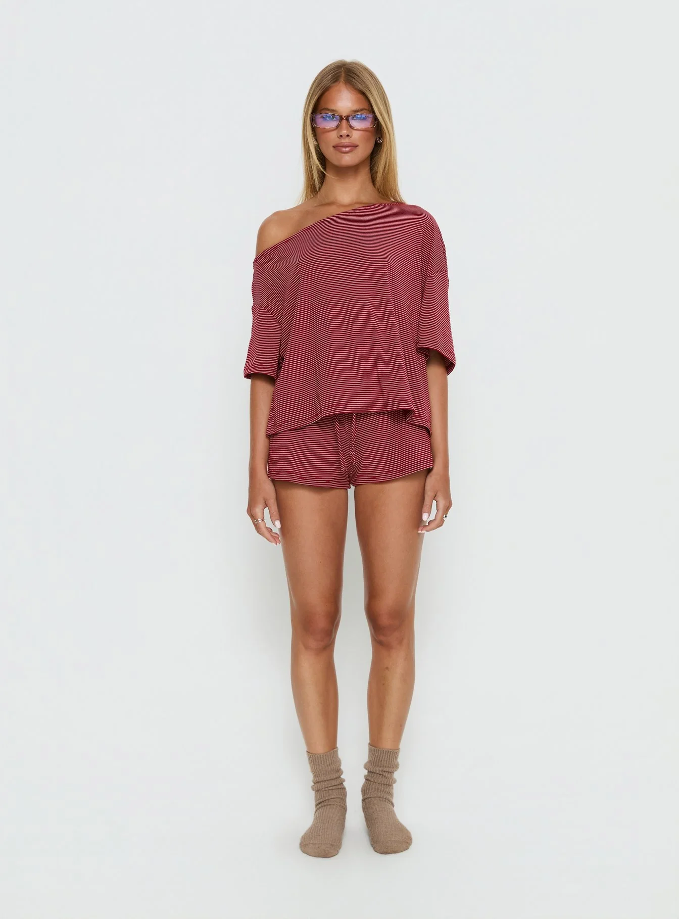 Sugar Surge Off Shoulder Sleep Top Cherry Stripe
