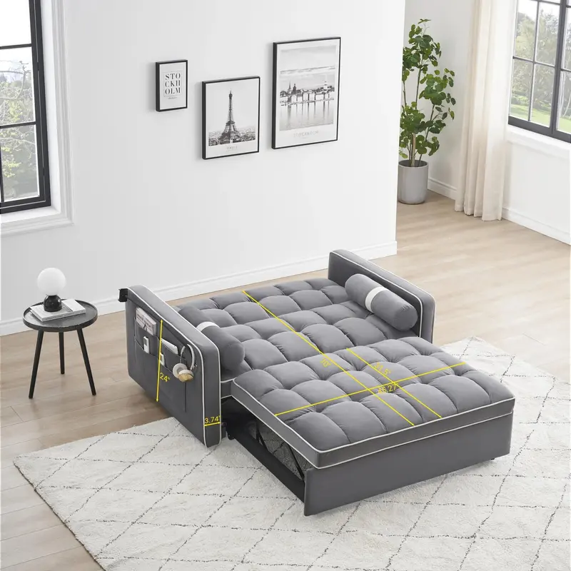 Sofa 3 w 1 z funkcją spania z aksamitu – kompaktowa, rozkładana sofa dwuosobowa z regulowanym oparciem, wysuwanym materacem i schowkami (szara, 141 cm)