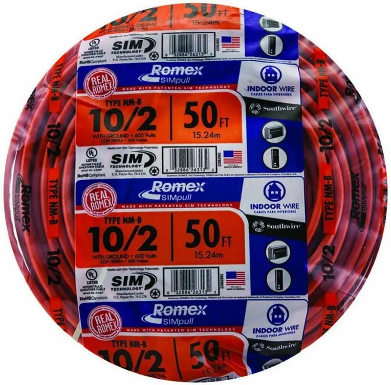 Kabel wewnętrzny SIMpull 10/2 Romex NM-B o długości 50 stóp do użytku domowego z uziemieniem