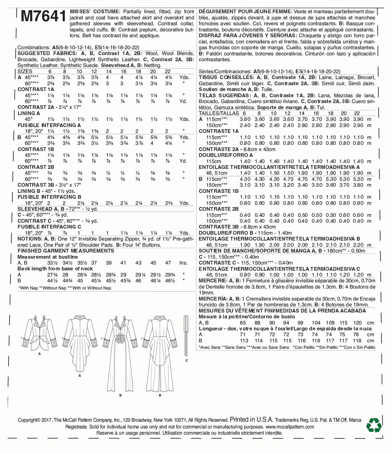 McCall's Pattern M7641 Misses' Jacket Costume with belt