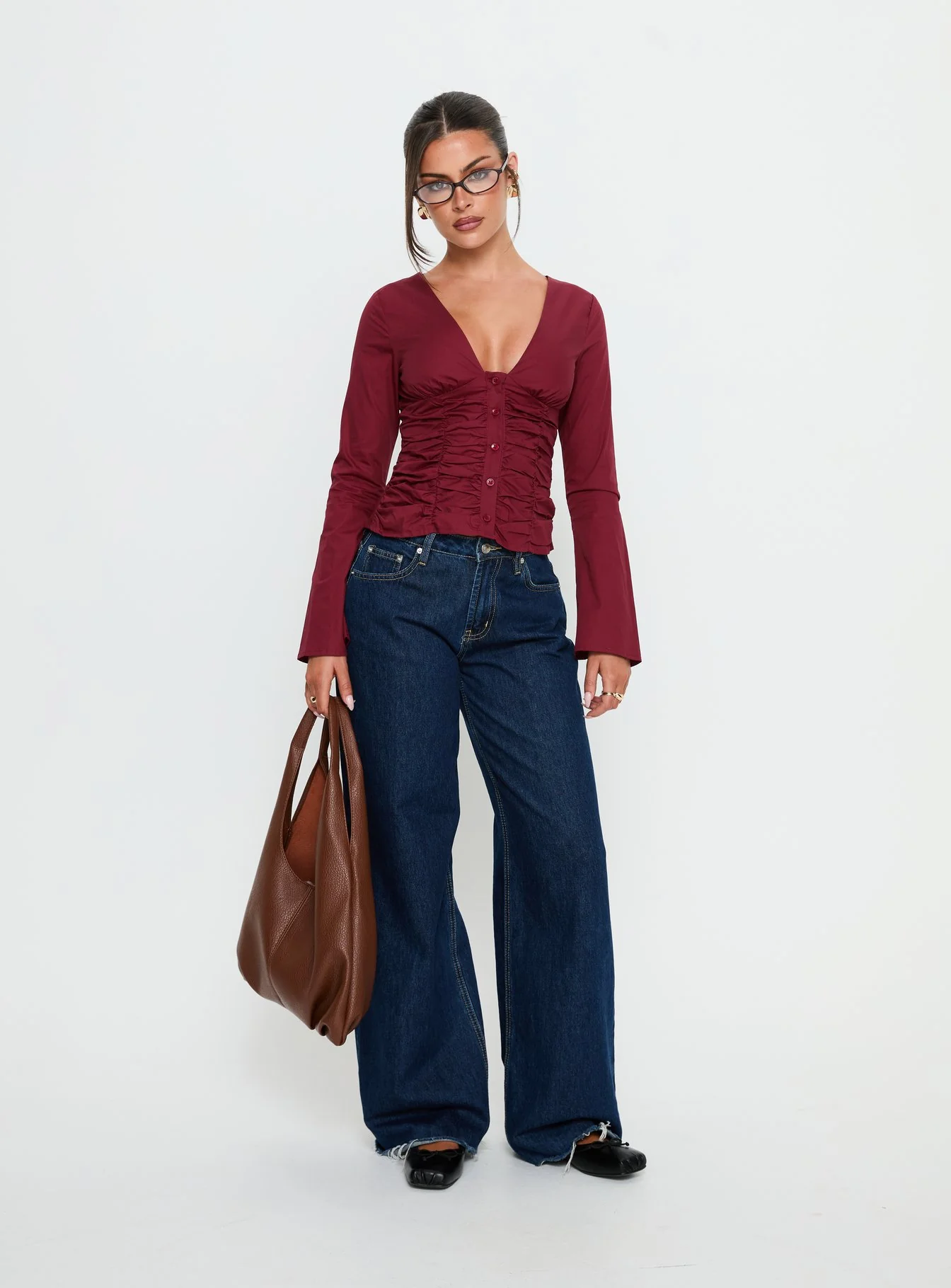 Zanetta Ruched Long Sleeve Top Burgundy