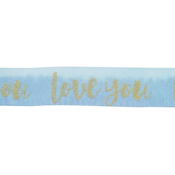 Makr Ribbon, Gold Love You Blue Organza- 25mmx3.6m
