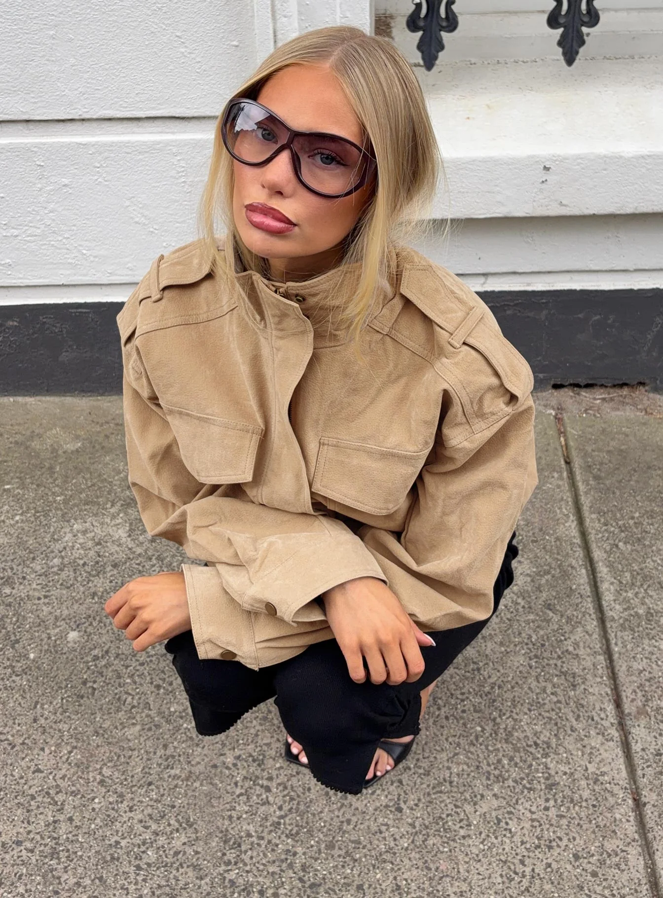 Double Life Funnel Neck Cargo Jacket Beige