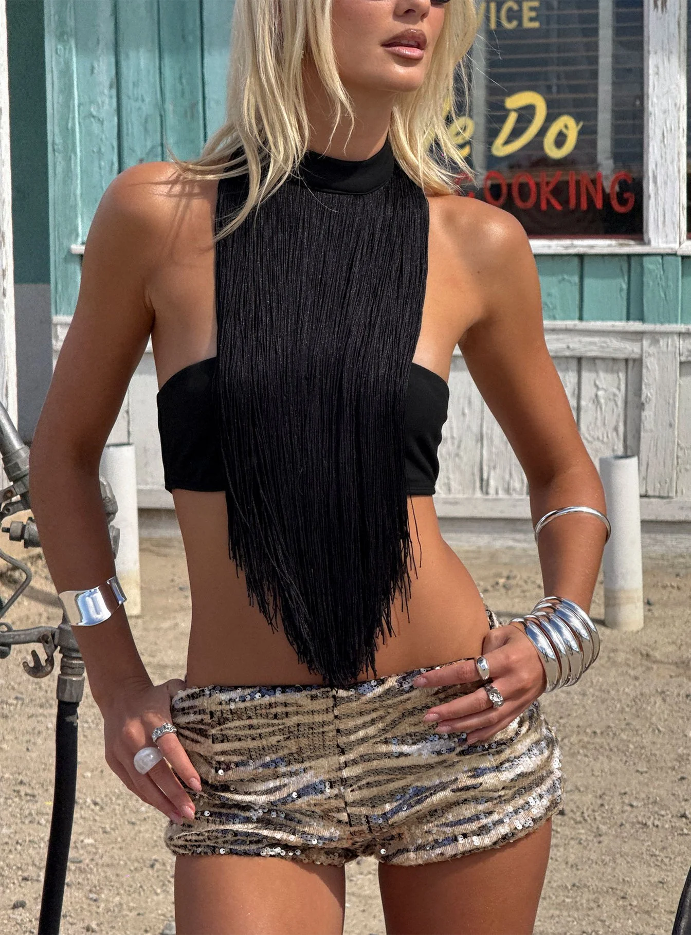 Zephyrine Fringe Asymmetrical Halter Top Black