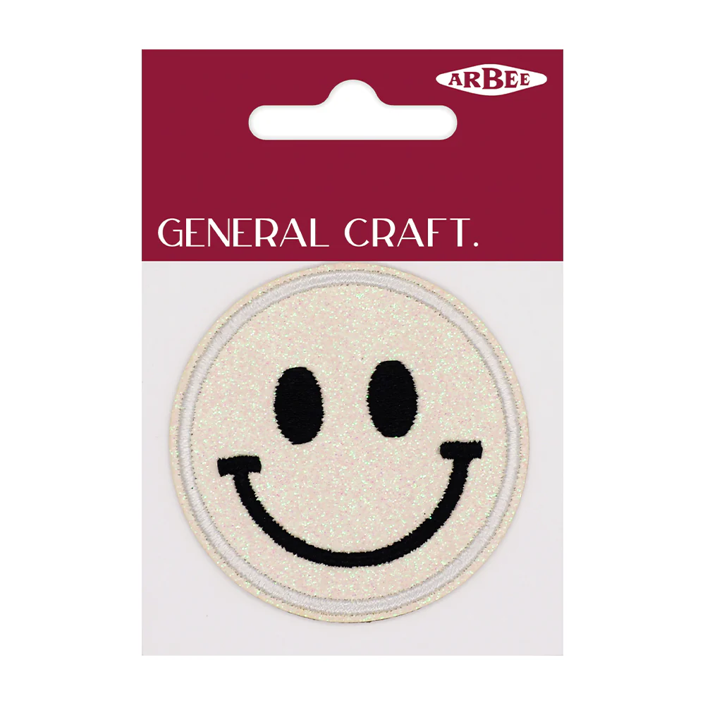 Arbee Crafty Patch, Smiley Face Glitter Arbee Patch, White- 60mm 1pc