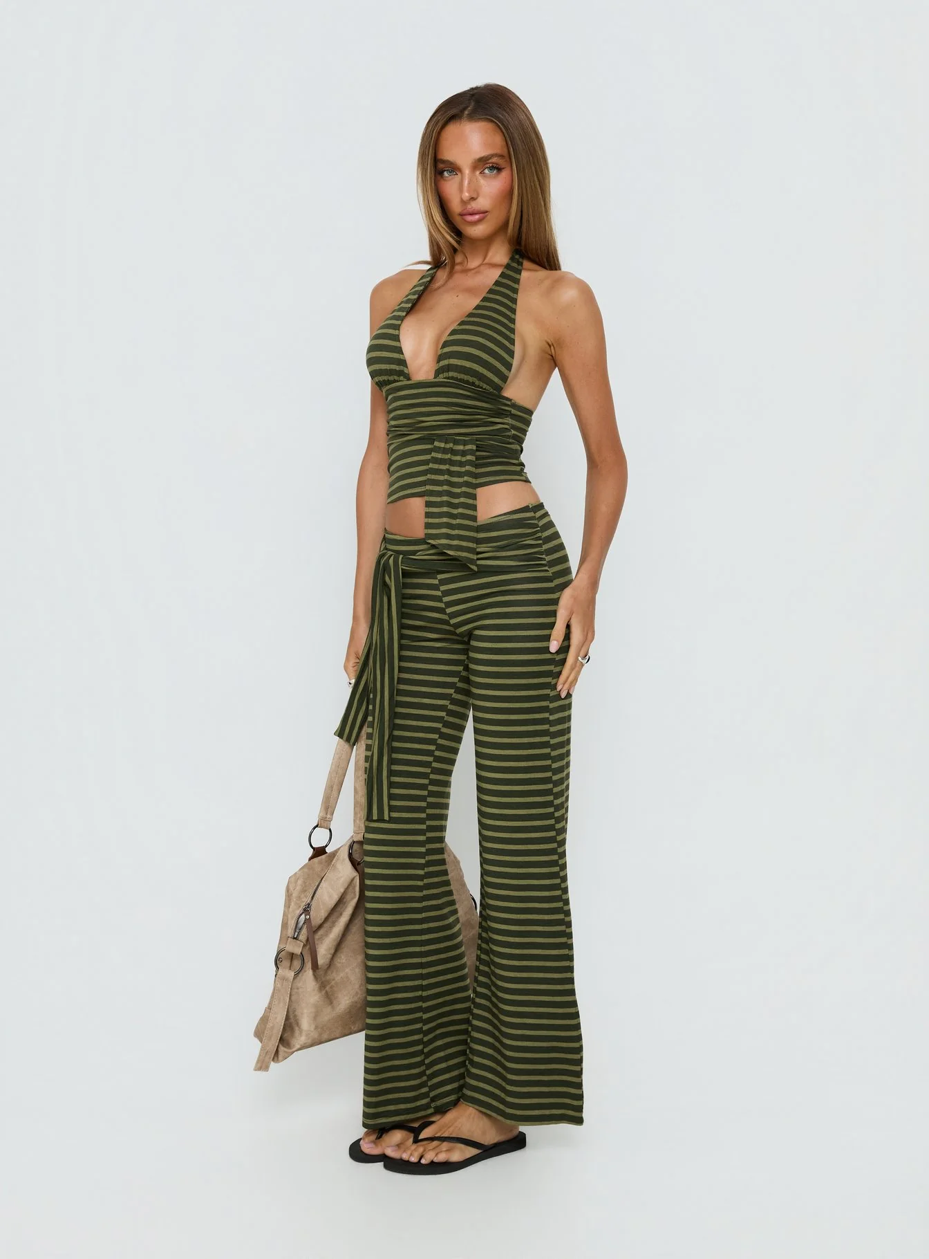 Esata Tie Detail Pants Green Stripe