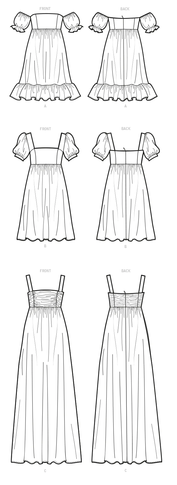 McCall's Pattern M8108 Misses' Empire Seam Gathered Dresses In Various Lengths, Necklines & Straps