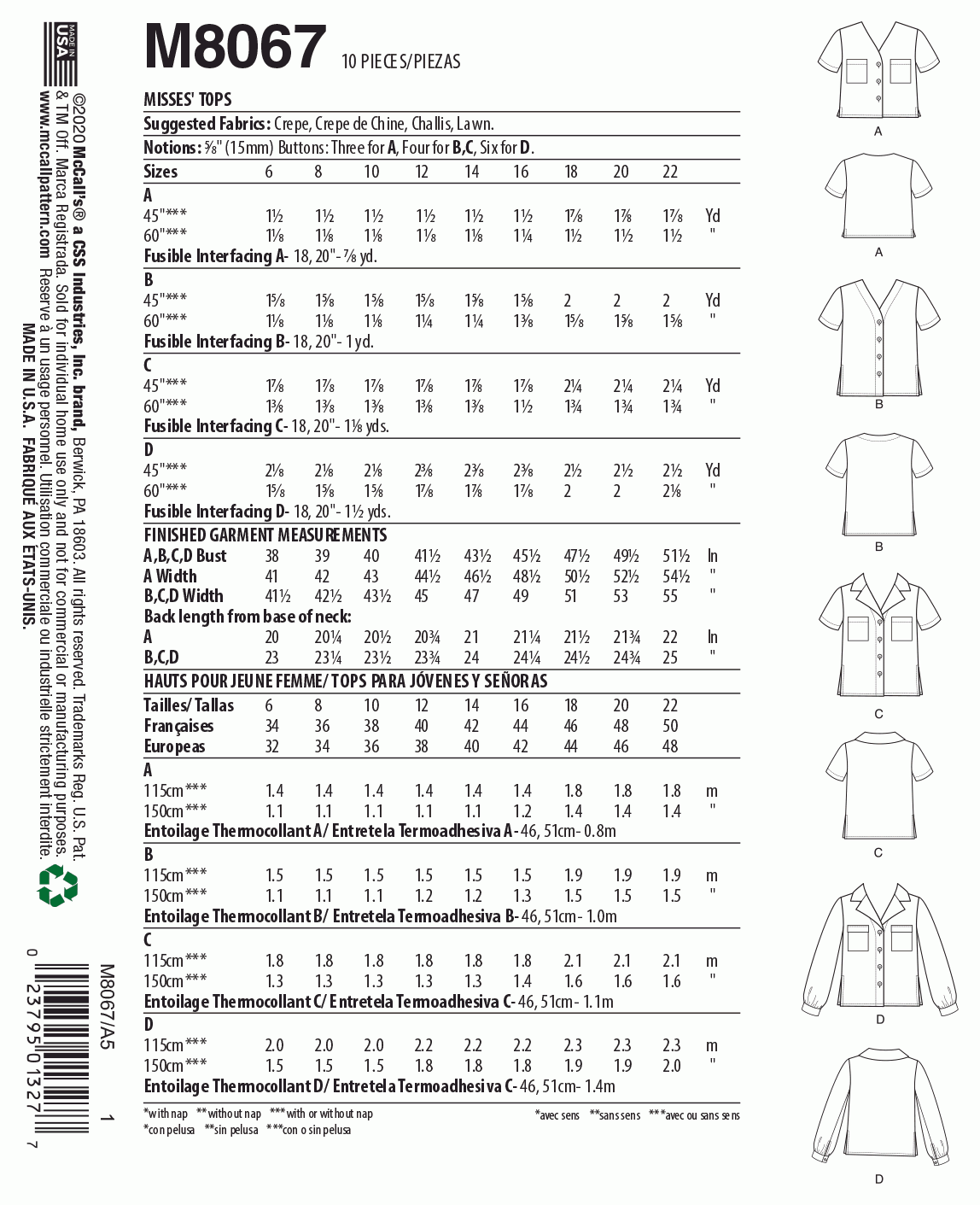 McCall's Pattern M8067 Misses' Button-Front Tops with Collar and Sleeve Options