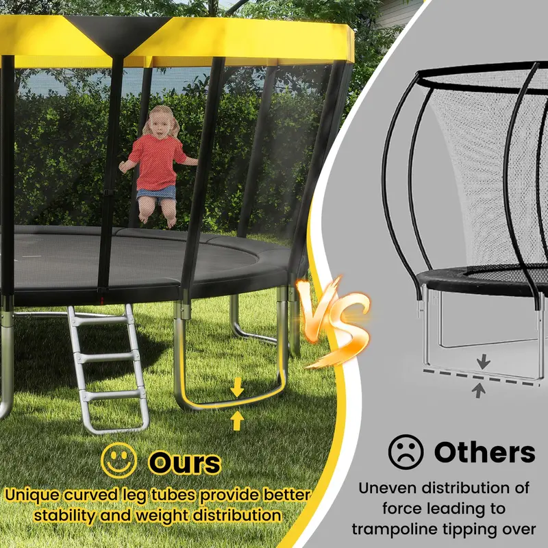 Trampolina o długości 4,8 metra, z certyfikatem ASTM, przeznaczona do użytku rekreacyjnego, wyposażona w siatkę zabezpieczającą, ramę odporną na rdzę i drabinkę zabezpieczającą.