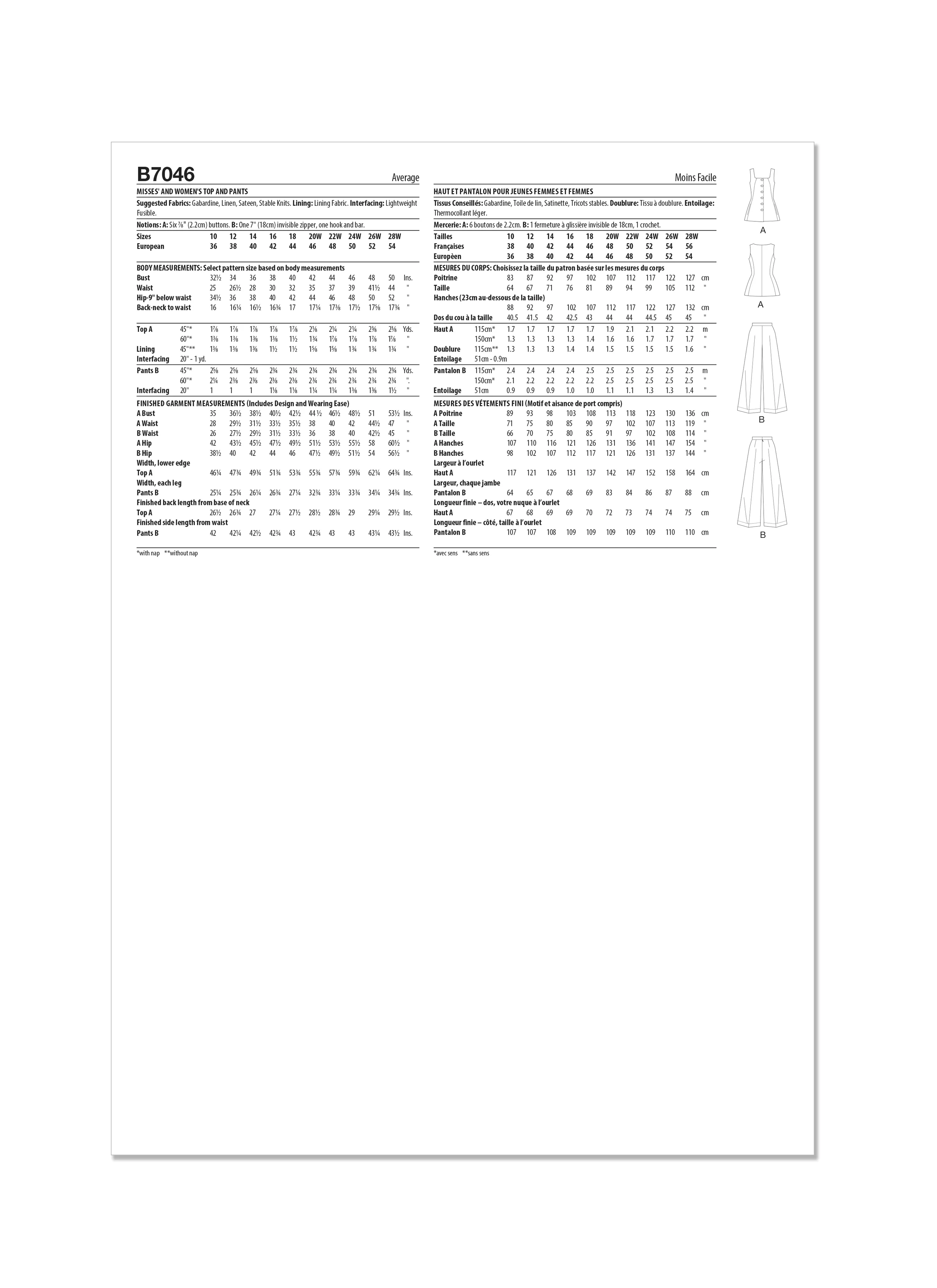 Butterick Pattern B7046 Misses' and Women's Top and Pants