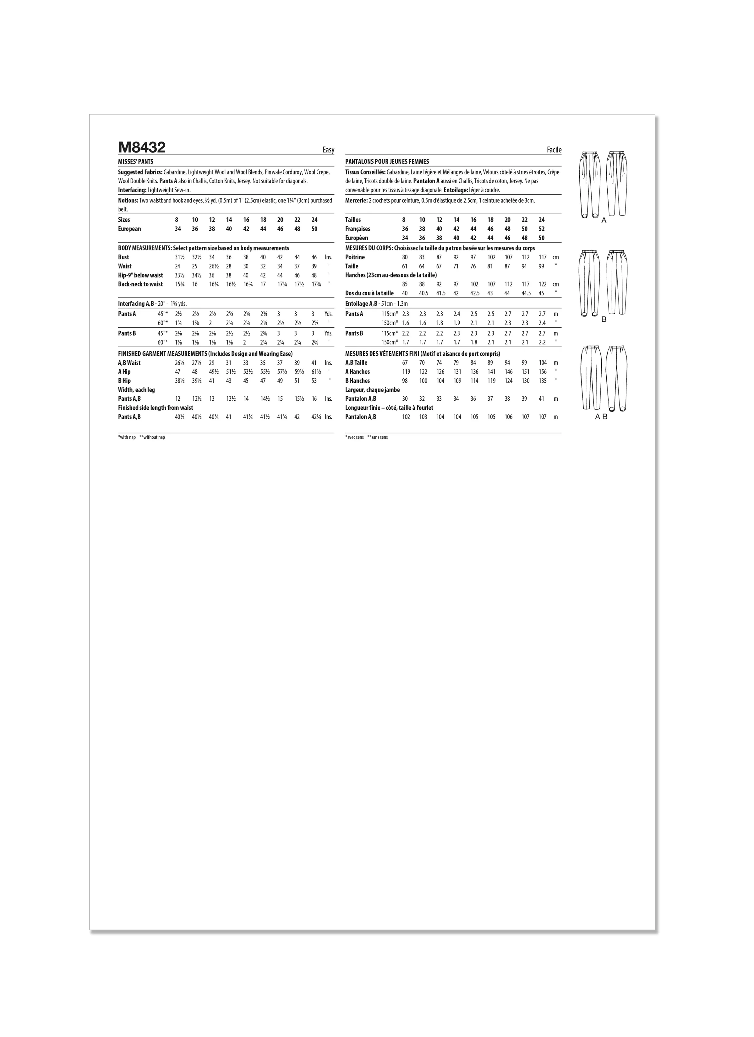 Mccall's Pattern M8432 Misses' Skirt Pants
