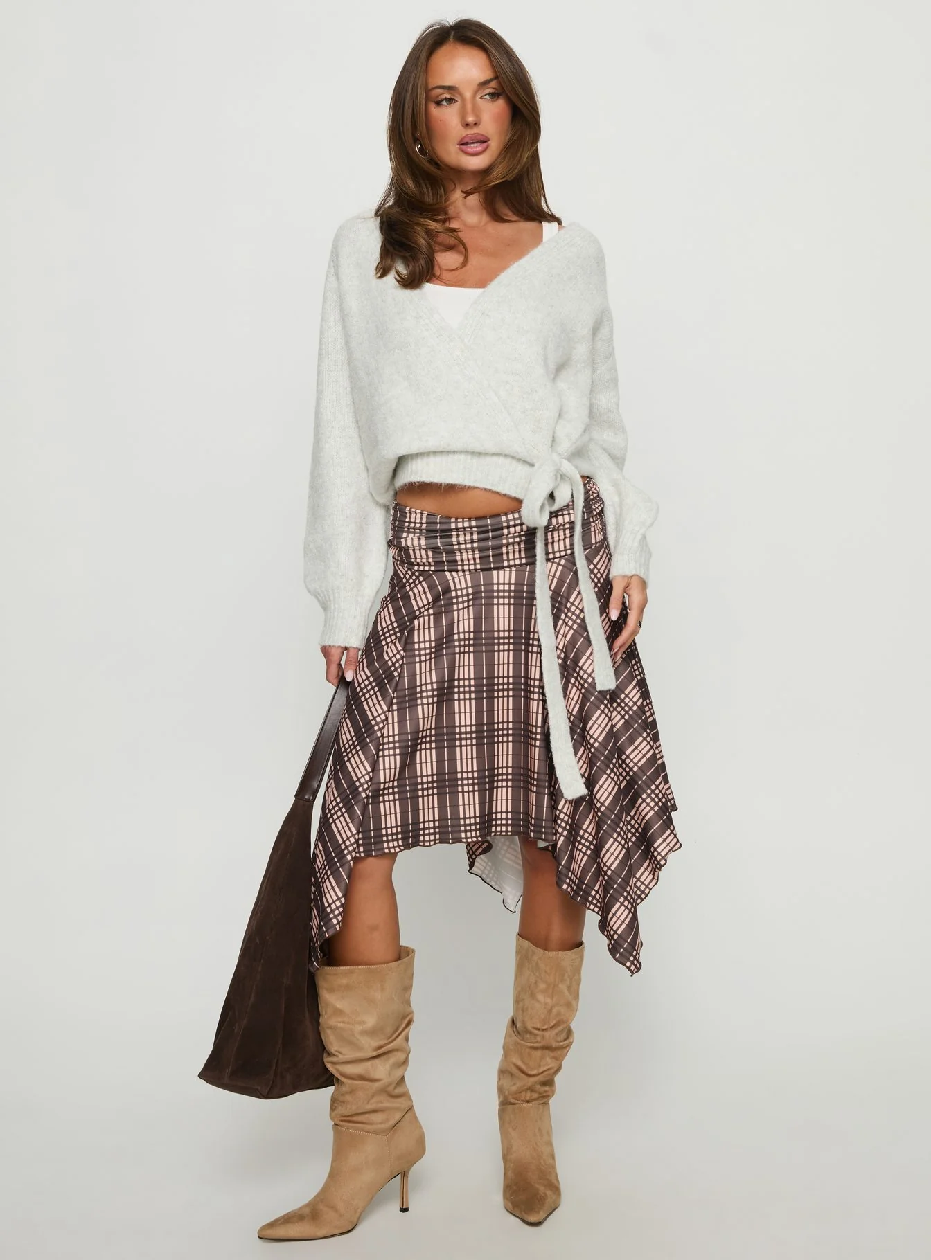 Scholar Asymmetrical Midi Skirt Brown Check