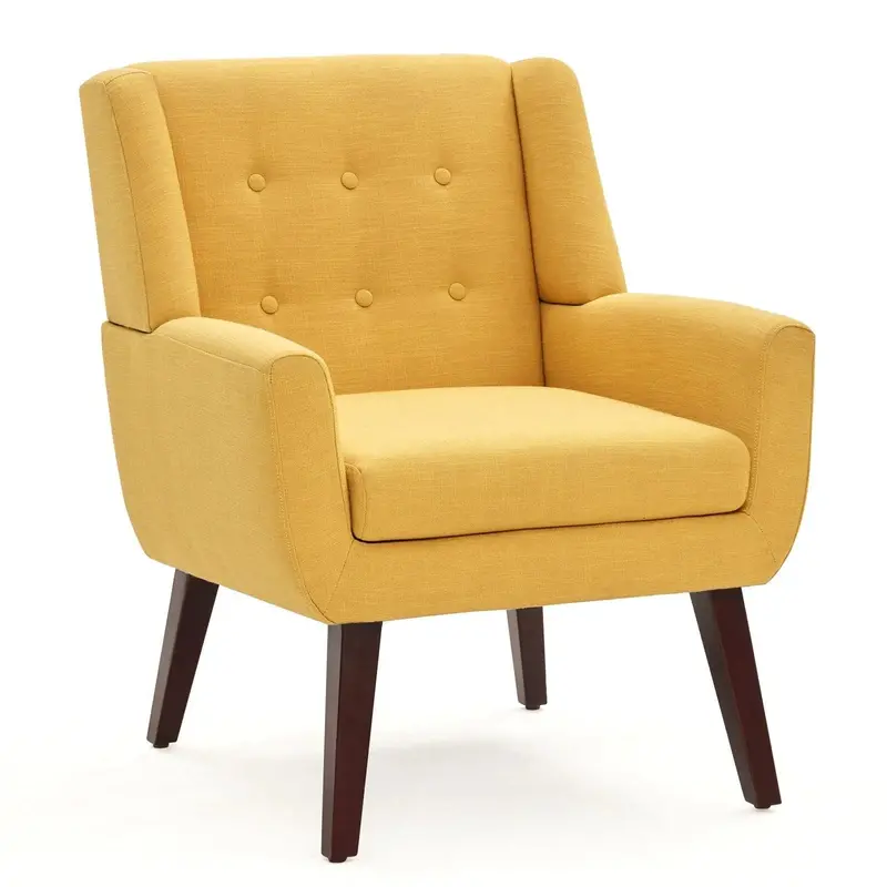 Fotel akcentowy Huimo w stylu Mid-Century Modern – beżowy tapicerowany fotel do czytania z ozdobnymi guzikami do salonu lub sypialni