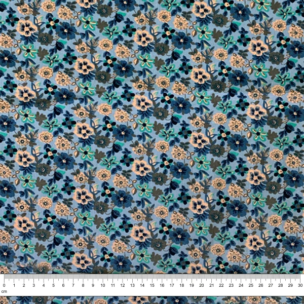 Printed Cord Fabric, Blue Flower- Width 112cm