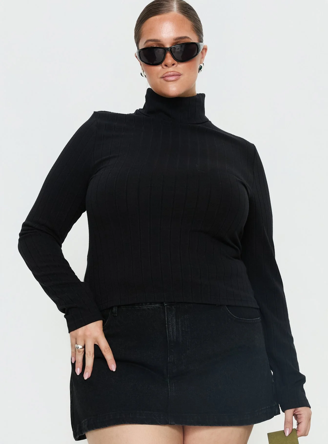 Enisa High Neck Long Sleeve Top Black Curve