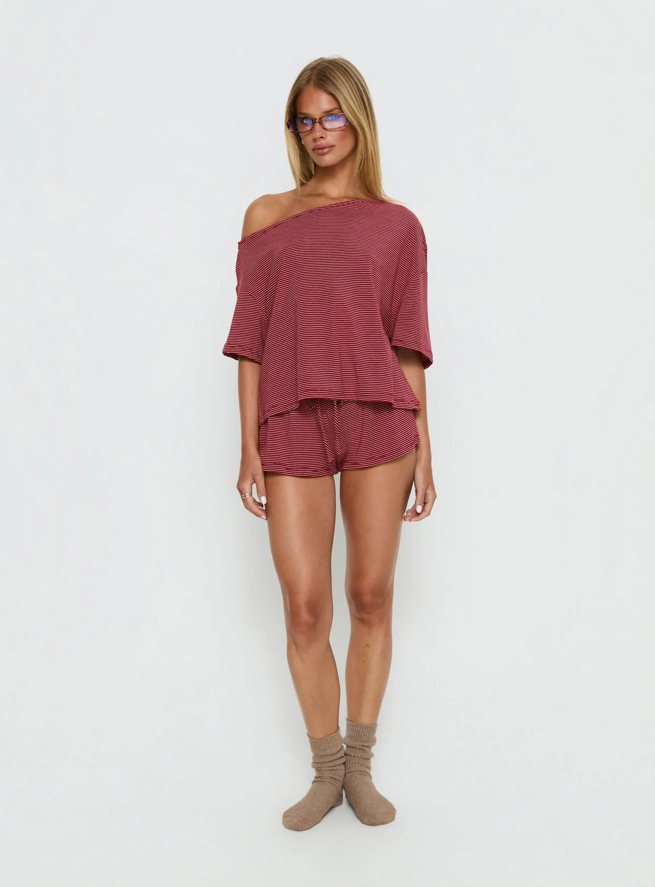 Sugar Surge Off Shoulder Sleep Top Cherry Stripe