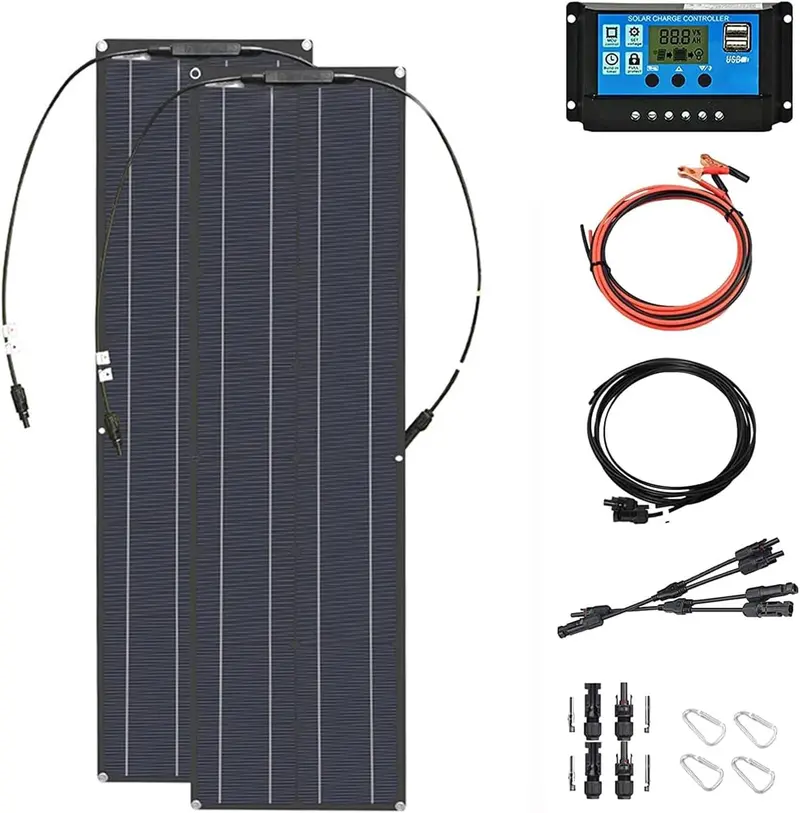 Elastyczny zestaw paneli słonecznych o mocy 400 W – dwa monokrystaliczne panele o mocy 200 W + kontroler MPPT 60 A do pojazdów kempingowych, łodzi i ładowania poza siecią