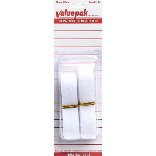 Valuepak 20mm Sew-On Hook & Loop, White- 1m
