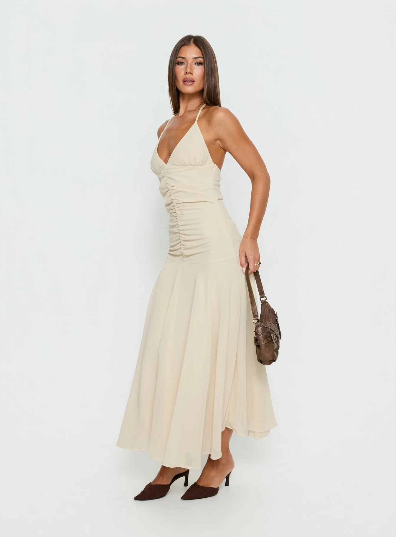 Carlisla Ruched Halter Maxi Dress Yellow