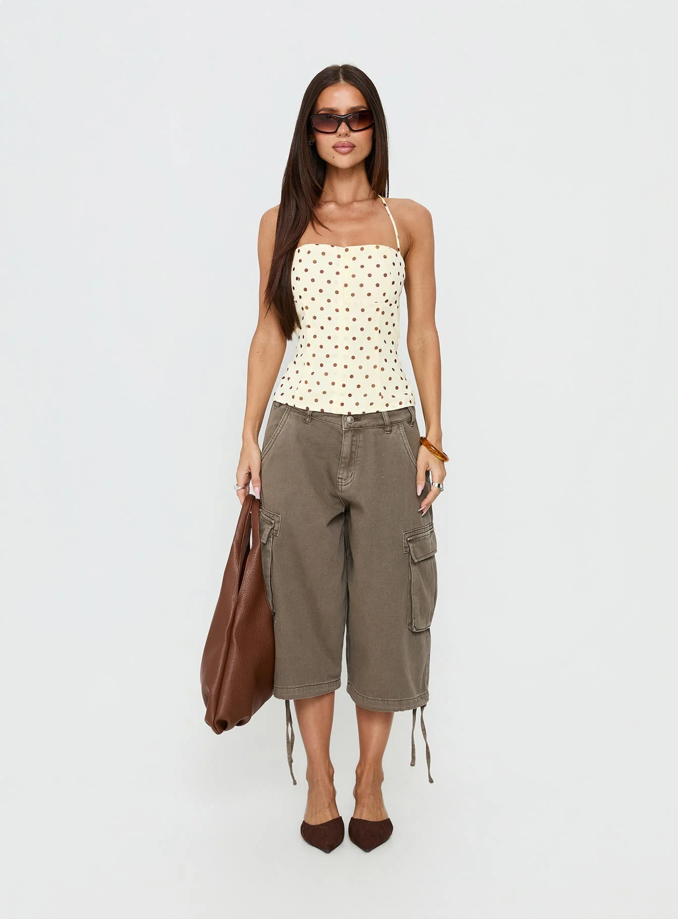 Bon Bon Tie Neck Top Yellow / Brown Polka