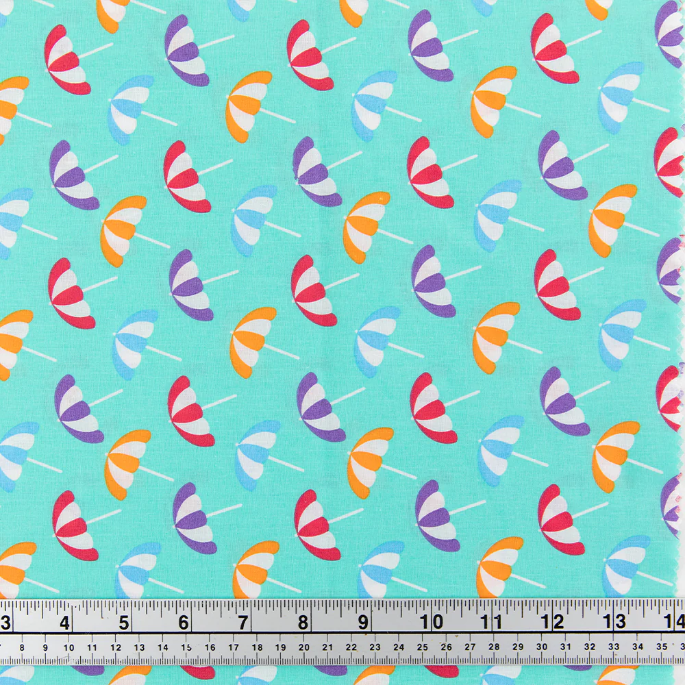Print Craft & Quilting Fabric, Umbrellas On Aqua- Width 110cm
