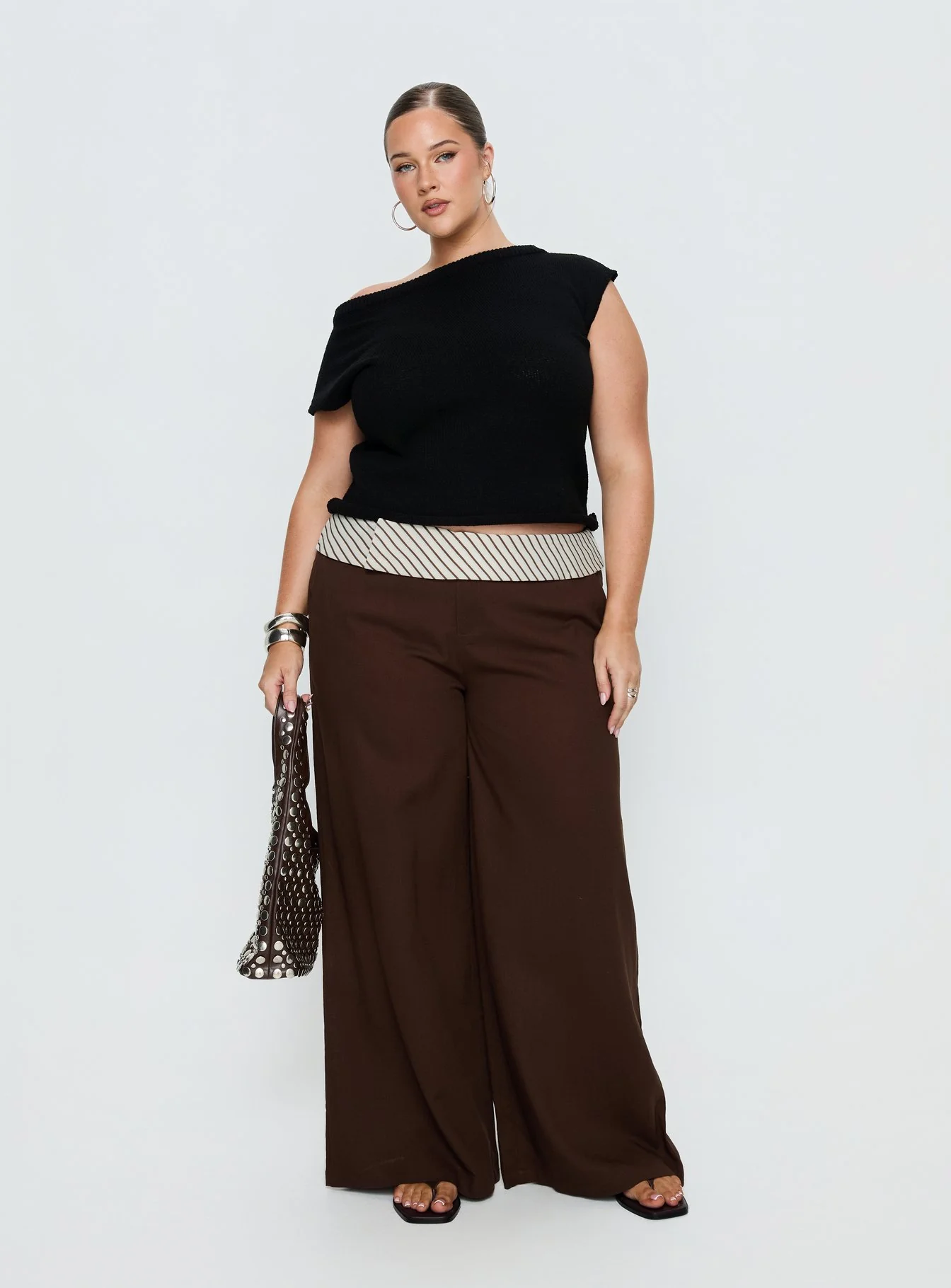 Past Life Fold Over Waistband Pant Brown / Stripe Curve
