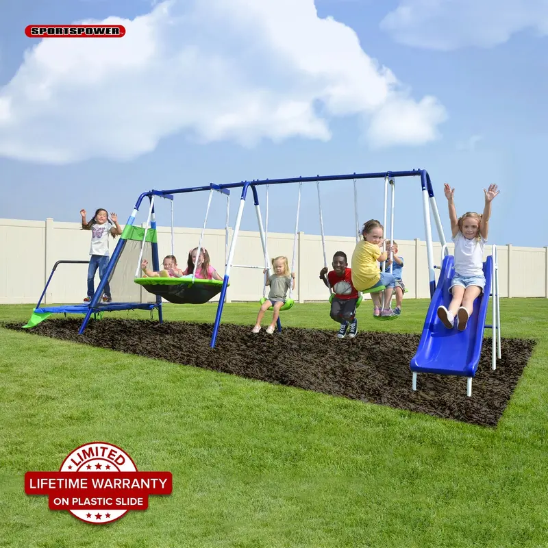 Metalowy sprzęt do zabawy Sportspower Mountain View – obejmuje zjeżdżalnię, huśtawkę gondolową, trampolinę i zjeżdżalnię z dożywotnią gwarancją