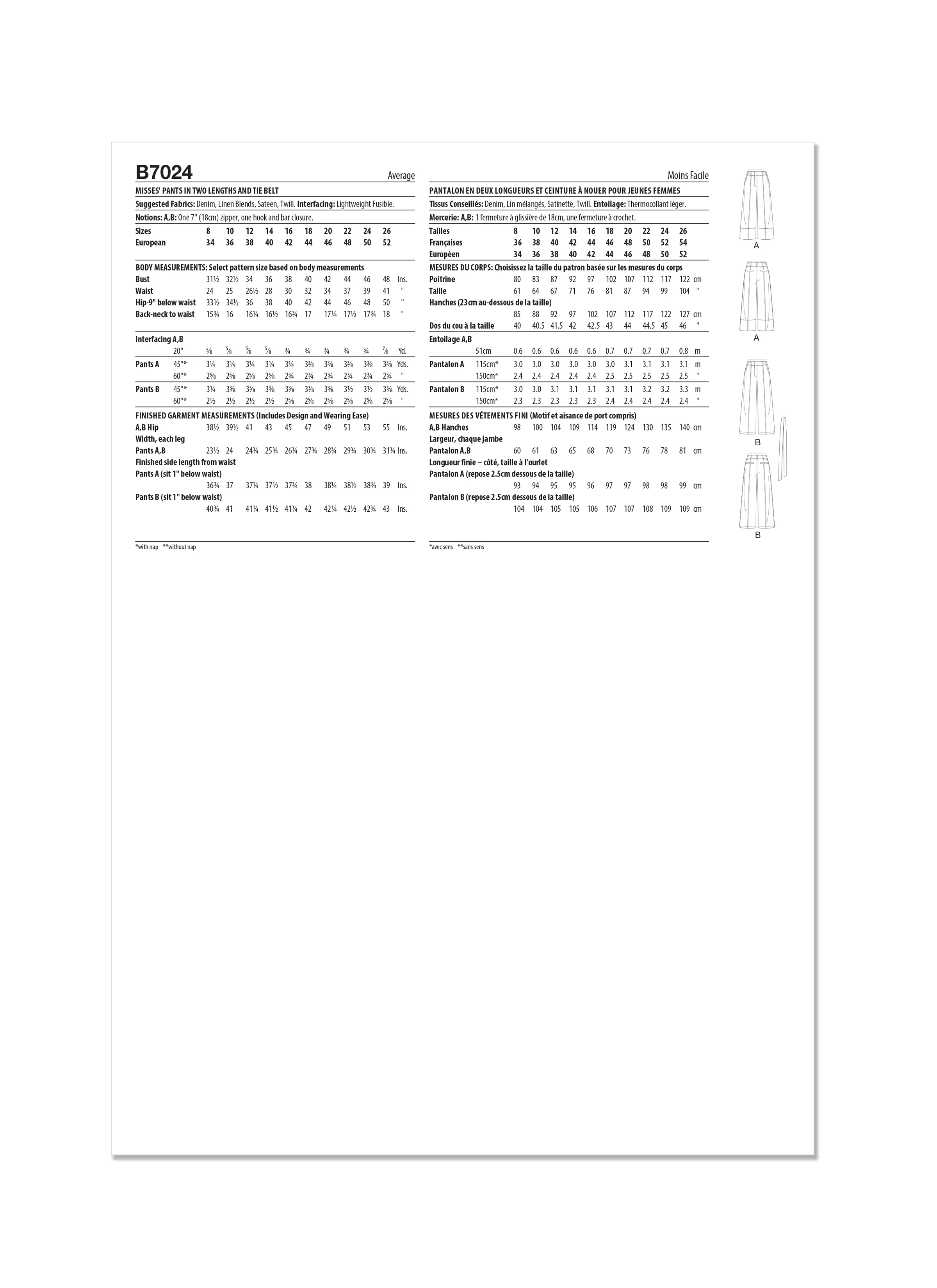 Butterick Pattern B7024 Misses' Skirt Pants