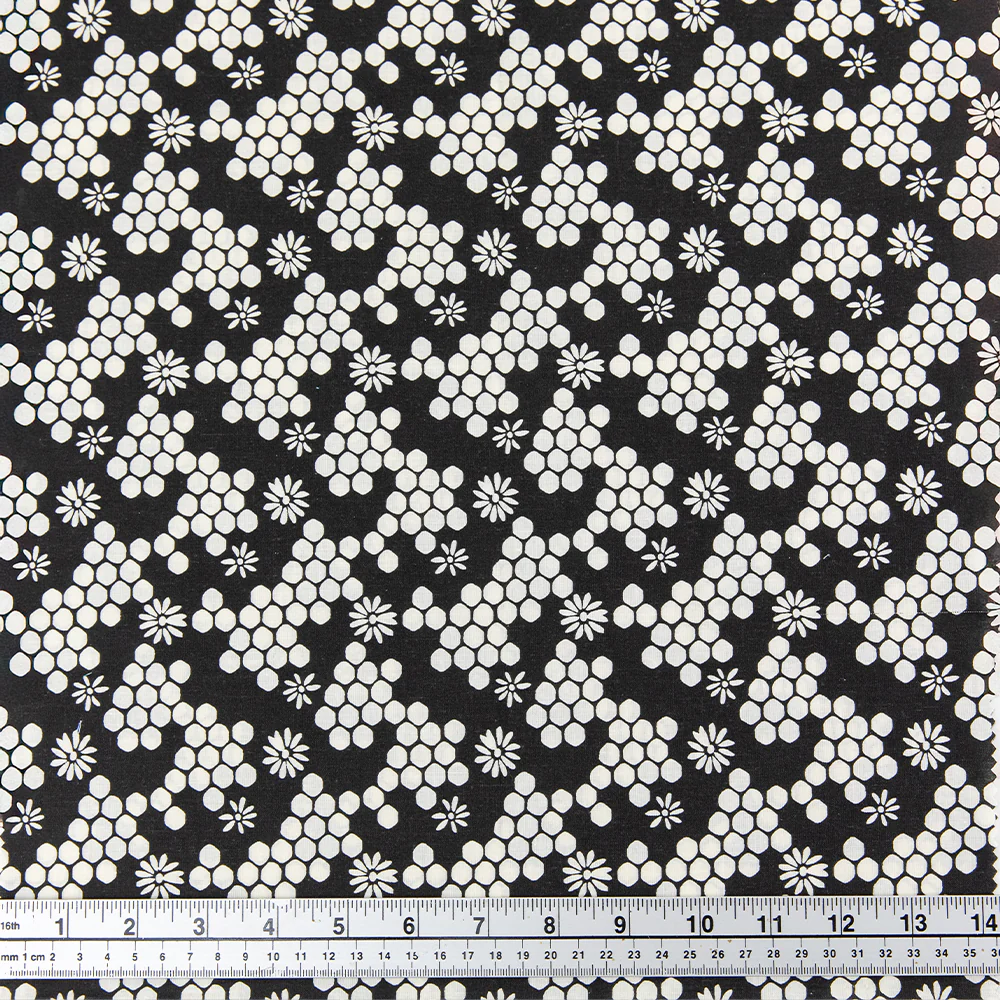Print Craft & Quilting Fabric, Cream Geos On Black- Width 110cm