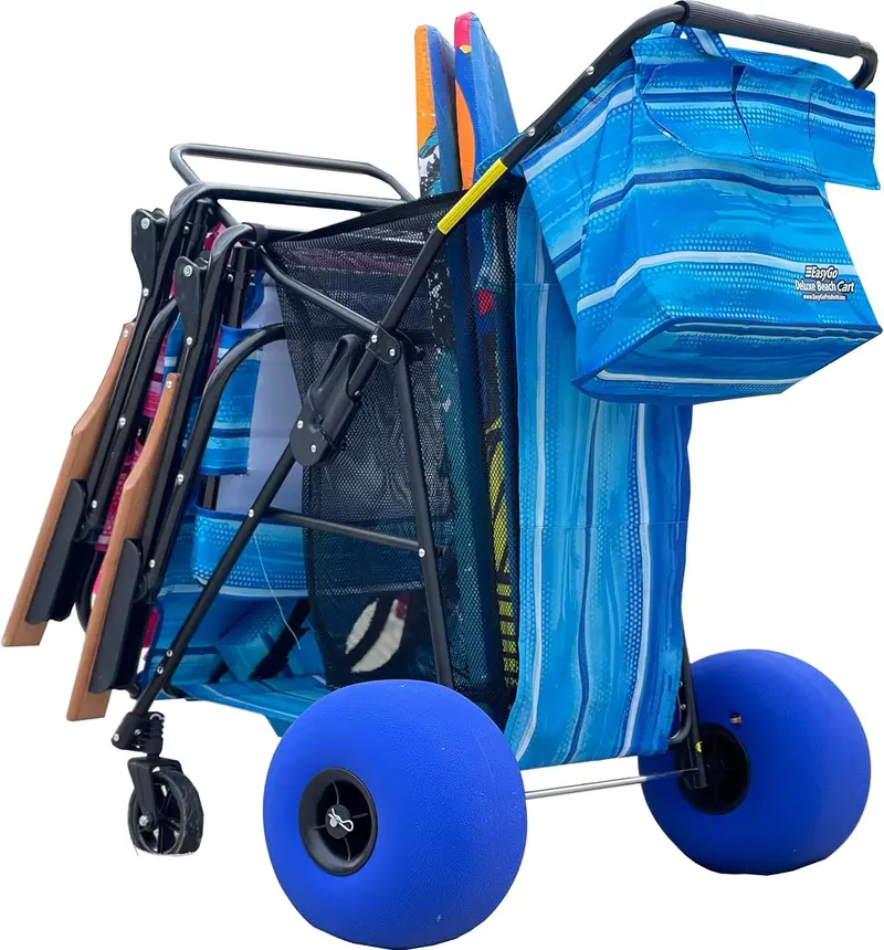 Wózek plażowy BlueWave Deluxe z kołami balonowymi, składany, mieści 4 krzesła i parasol, zawiera wyjmowaną torbę, niebieskie paski